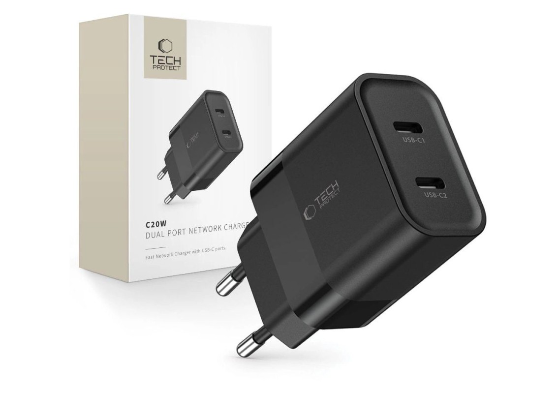 Cargador Tech-Protect C20W 2x USB-C PD 20W - negro