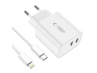 Cargador de pared Tech-Protect C35W de 35 W con 2 puertos USB-C PD y cable USB-C/Lightning - Blanco