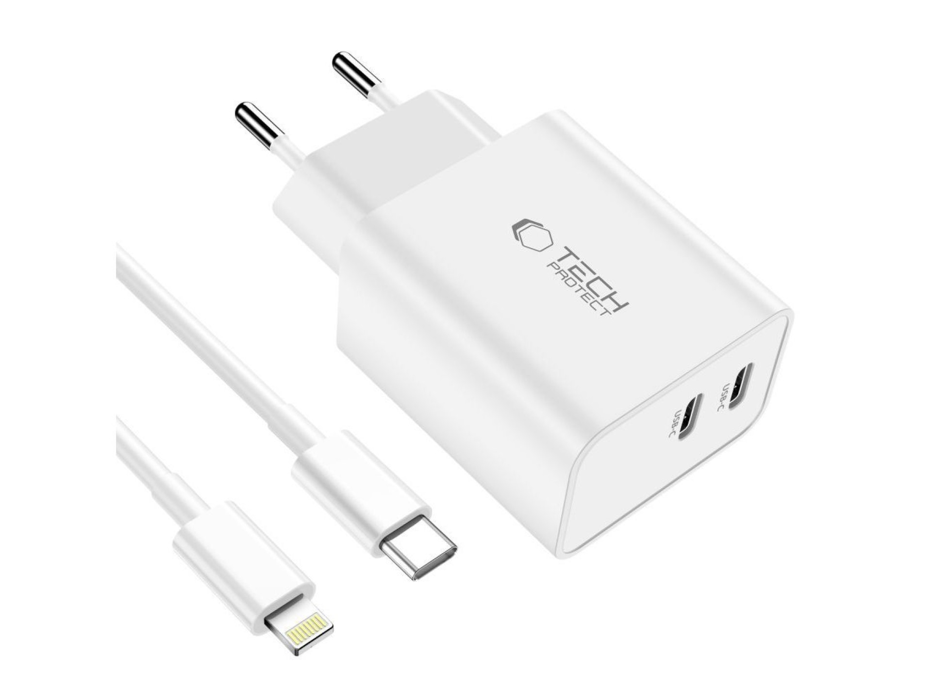 Cargador de pared Tech-Protect C35W de 35 W con 2 puertos USB-C PD y cable USB-C/Lightning - Blanco