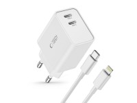Cargador de pared Tech-Protect C35W de 35 W con 2 puertos USB-C PD y cable USB-C/Lightning - Blanco