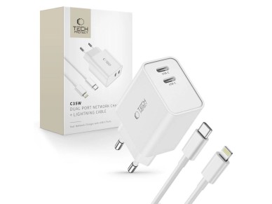 Tech-Protect C35W 2x USB-C PD 35W Wall Charger with USB-C / Lightning Cable - White Tech-Protect C35W 2x USB-C PD 35W Wall Charger with USB-C / Lightning Cable - White
