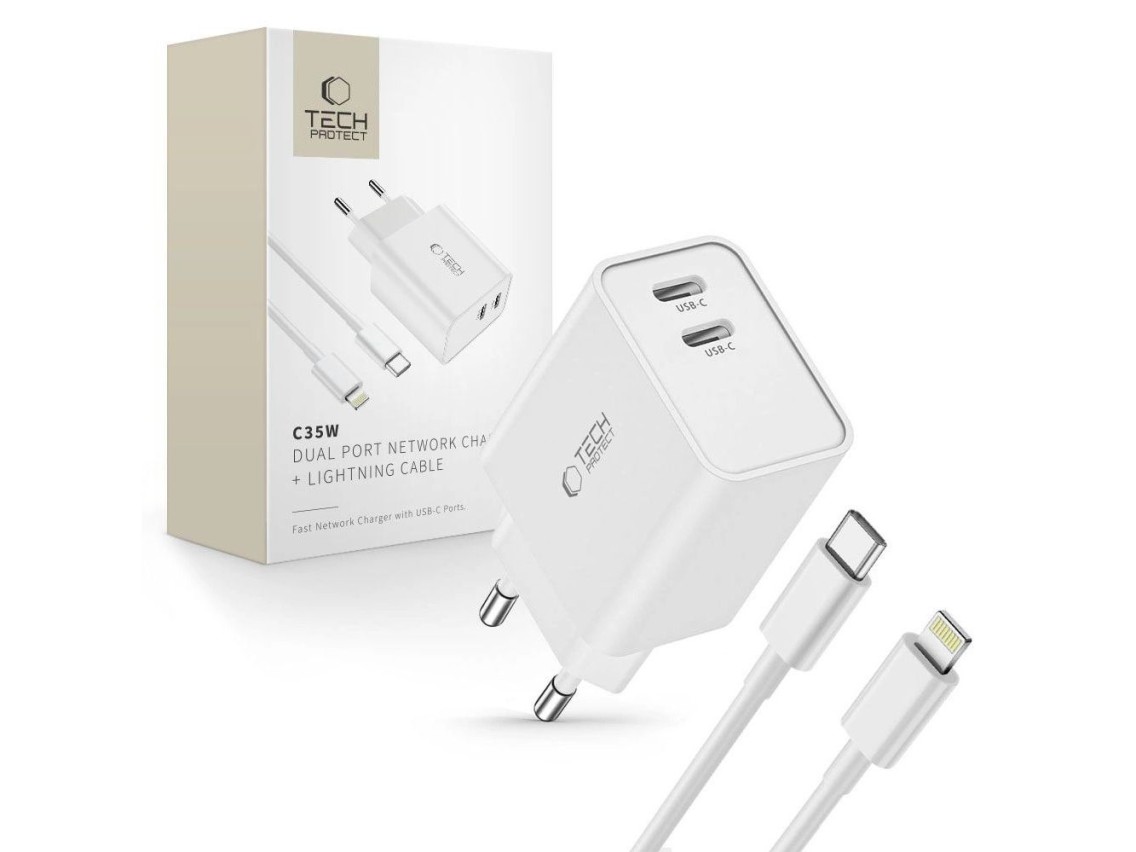 Cargador de pared Tech-Protect C35W de 35 W con 2 puertos USB-C PD y cable USB-C/Lightning - Blanco