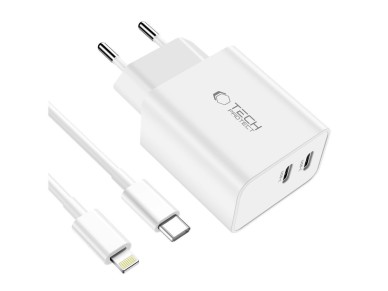 Tech-Protect C35W 2x USB-C PD 35W Wall Charger with USB-C / Lightning Cable - White Tech-Protect C35W 2x USB-C PD 35W Wall Charger with USB-C / Lightning Cable - White