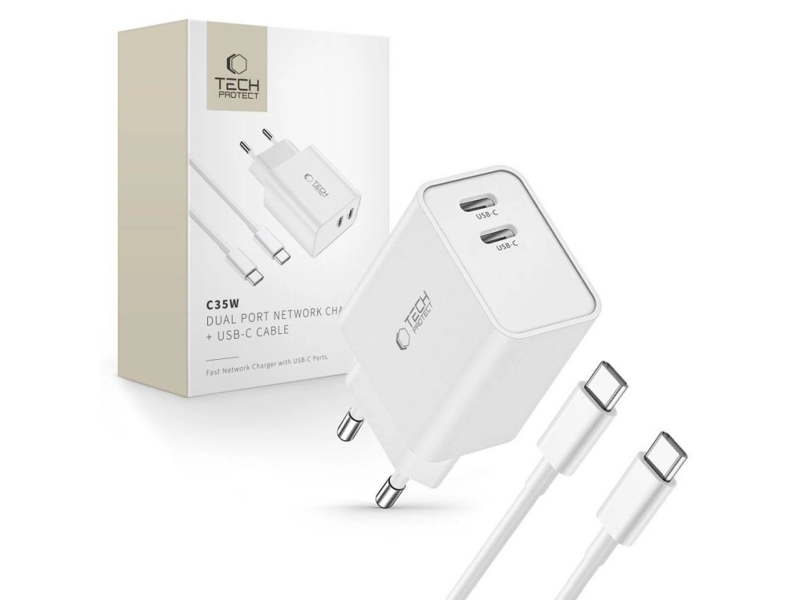 Tech-Protect C35W 2x USB-C PD 35W charger with USB-C / USB-C cable - white