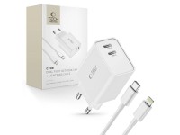 Cargador de pared Tech-Protect C35W de 35 W con 2 puertos USB-C PD y cable USB-C/Lightning - Blanco