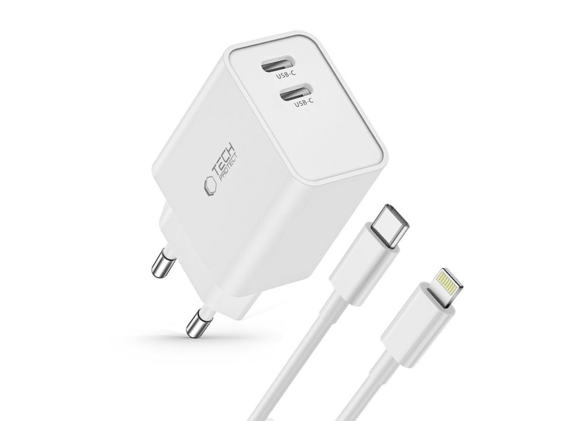 Cargador de pared Tech-Protect C35W de 35 W con 2 puertos USB-C PD y cable USB-C/Lightning - Blanco