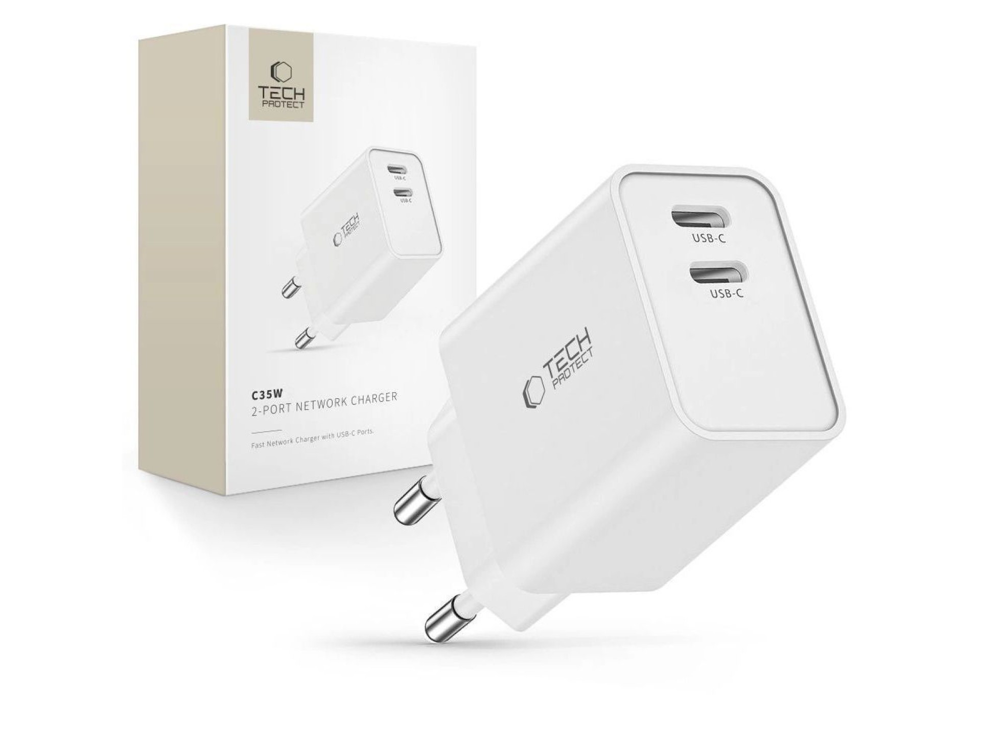 Cargador Tech-Protect C35W 2x USB-C PD 35W - blanco