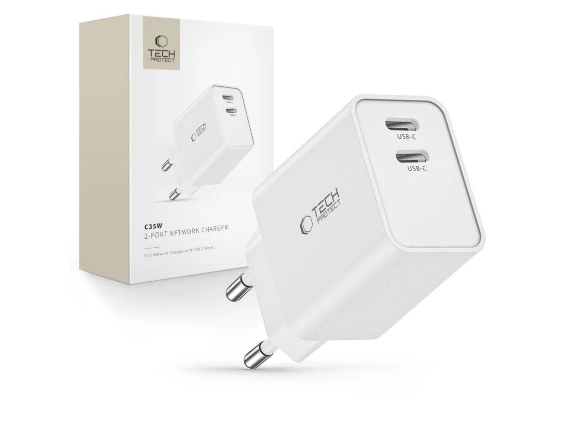 Cargador Tech-Protect C35W 2x USB-C PD 35W - blanco
