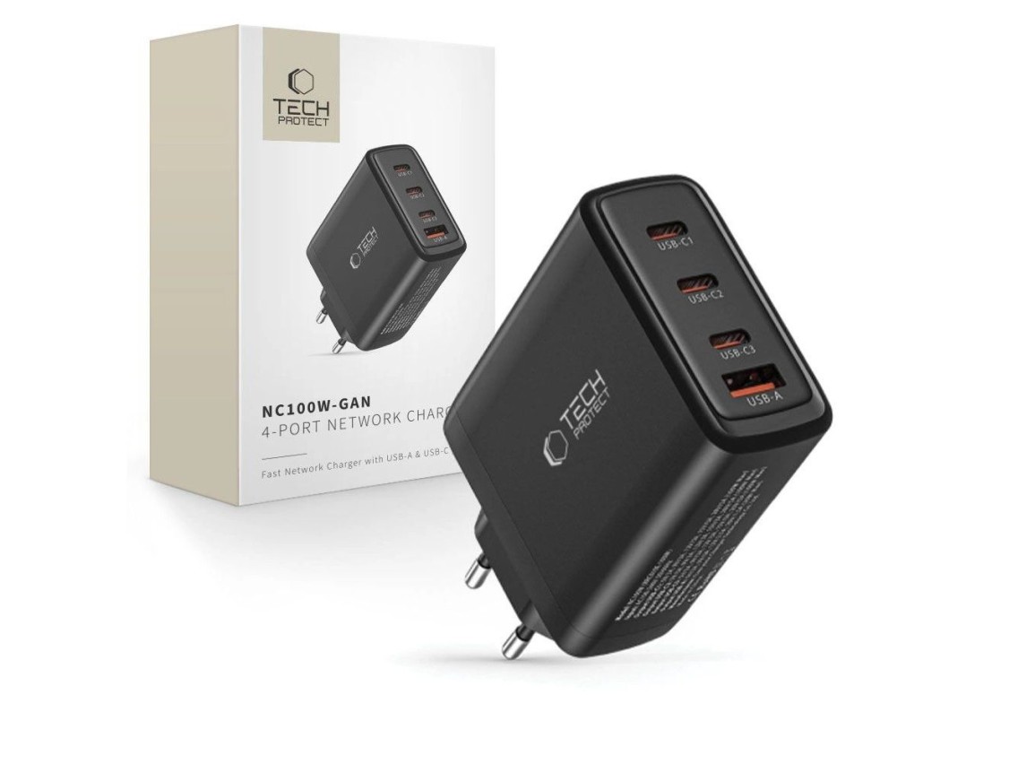 Cargador de red Tech-Protect NC100W-GAN GaN 3x USB-C PD 100W / USB-A QC 3.0 - negro