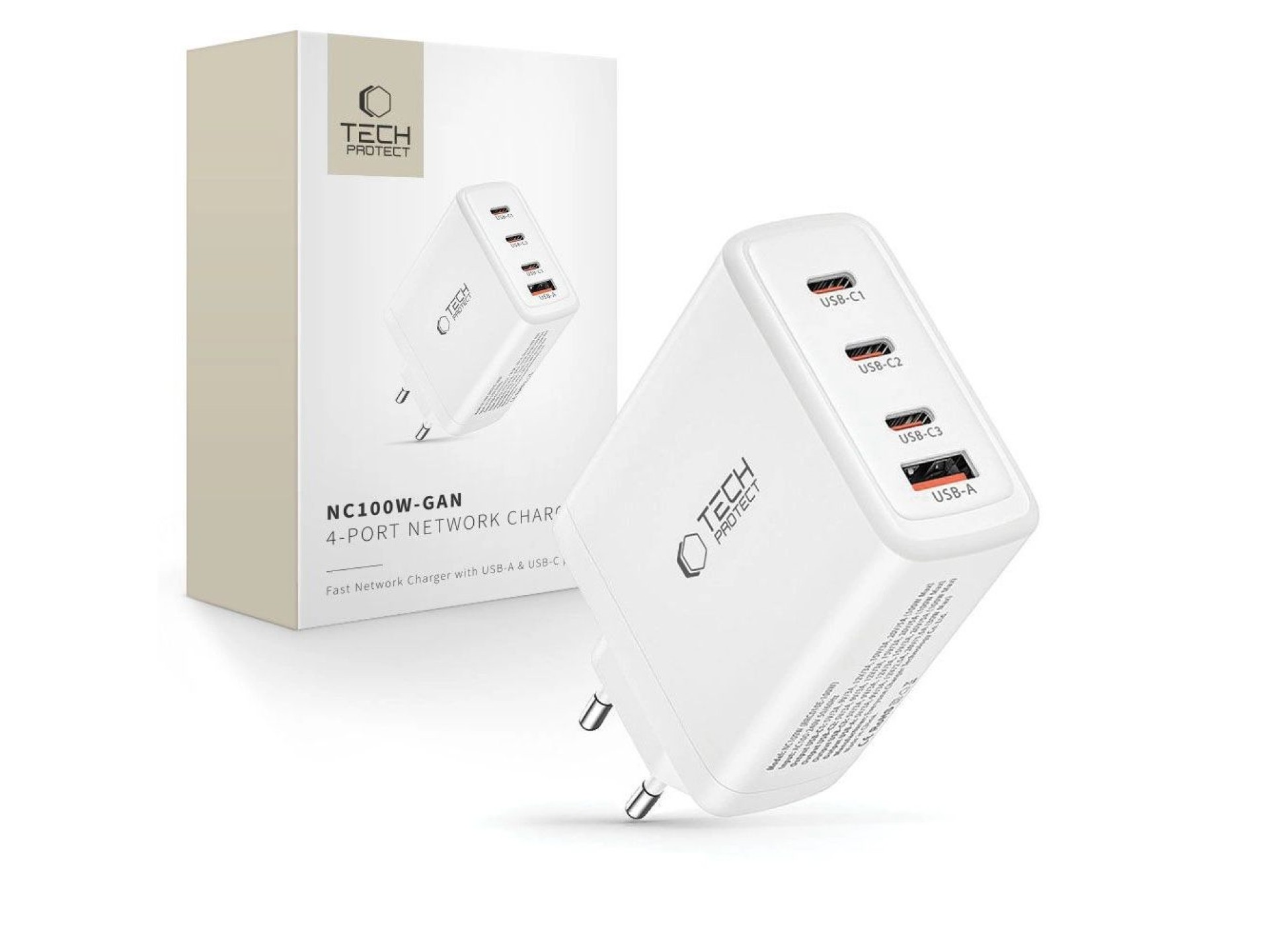Cargador Tech-Protect NC100W-GAN GaN 3x USB-C PD 100W / USB-A QC 3.0 - blanco