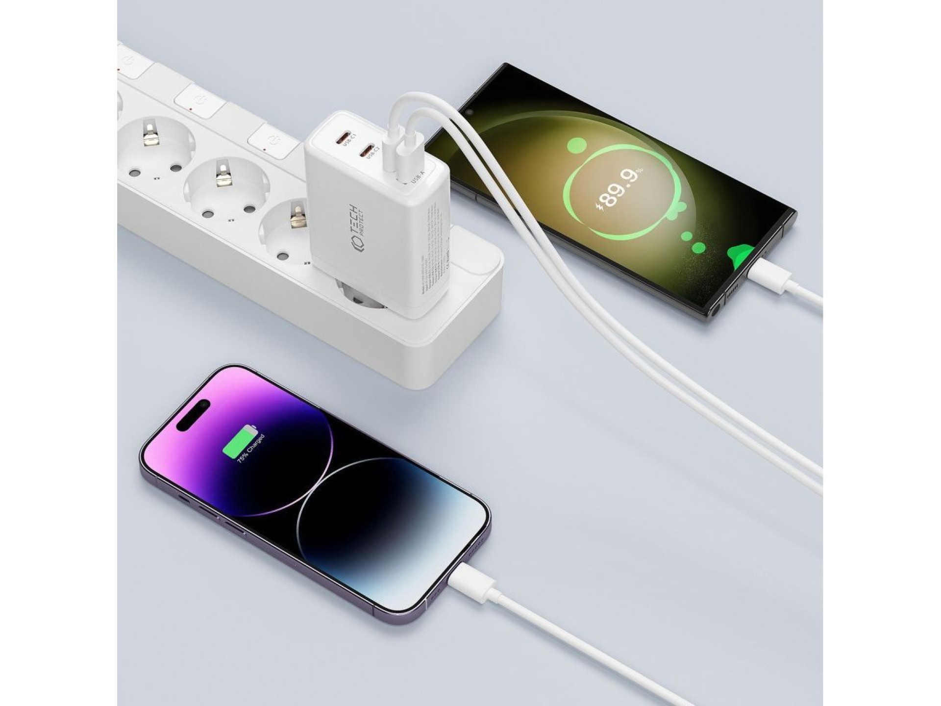 Cargador Tech-Protect NC100W-GAN GaN 3x USB-C PD 100W / USB-A QC 3.0 - blanco
