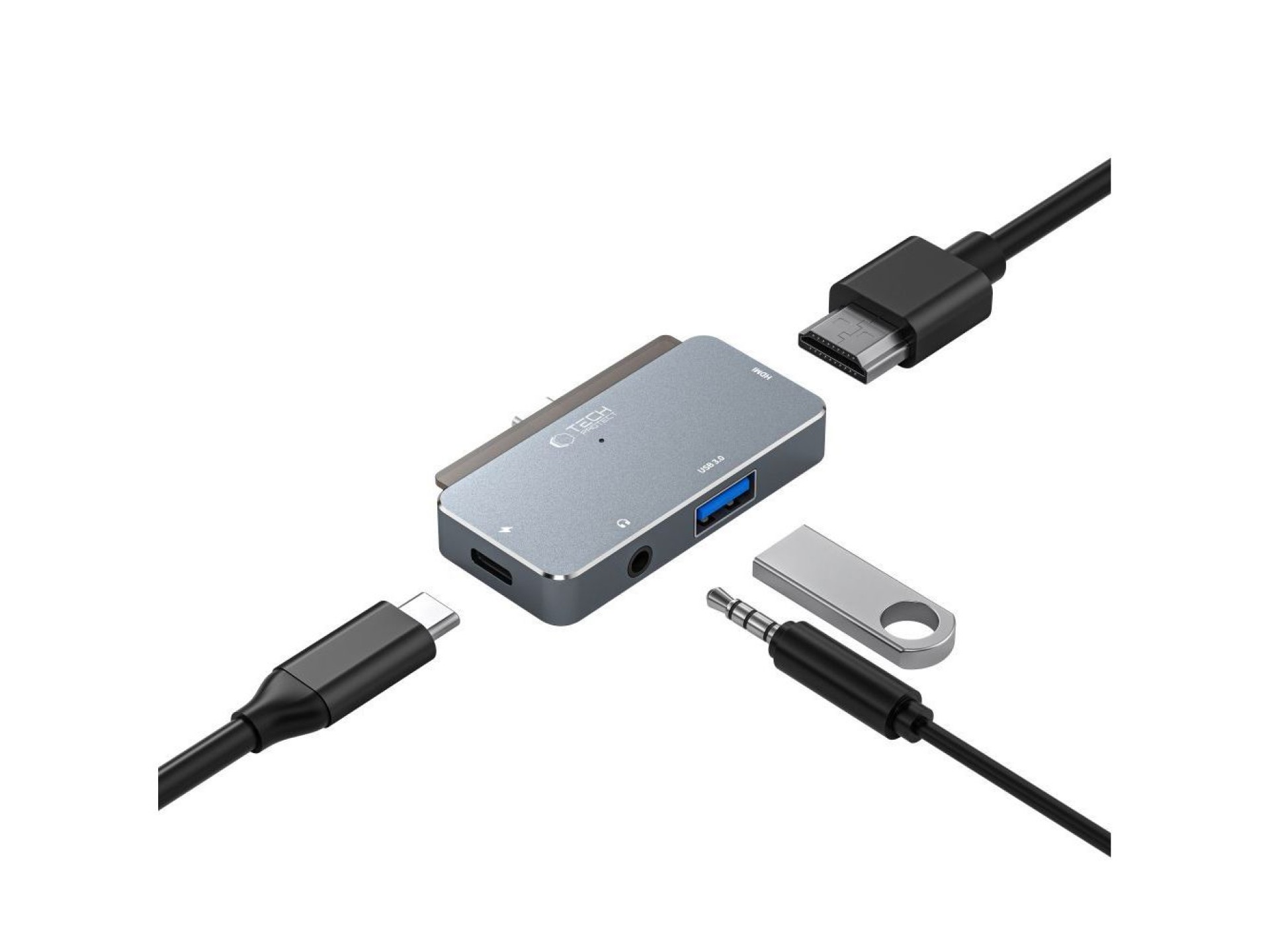 HUB Tech-Protect V6 4in1 USB-C - USB-A 3.0 / USB-C PD100W / HDMI / mini jack 3.5mm - gray
