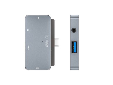 HUB Tech-Protect V6 4in1 USB-C - USB-A 3.0 / USB-C PD100W / HDMI / mini jack 3.5mm - gray