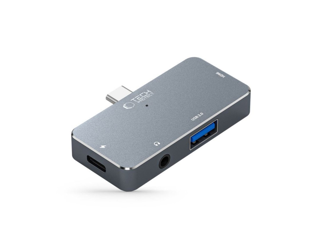 HUB Tech-Protect V6 4in1 USB-C - USB-A 3.0 / USB-C PD100W / HDMI / mini jack 3.5mm - gray