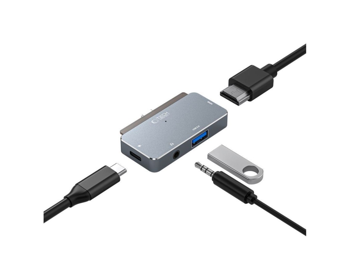HUB Tech-Protect V6 4in1 USB-C - USB-A 3.0 / USB-C PD100W / HDMI / mini jack 3.5mm - gray