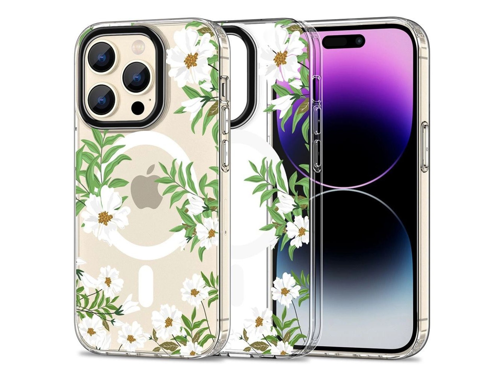 Funda Tech-Protect MagMood MagSafe para iPhone 15 Pro Max - Margaritas con hojas