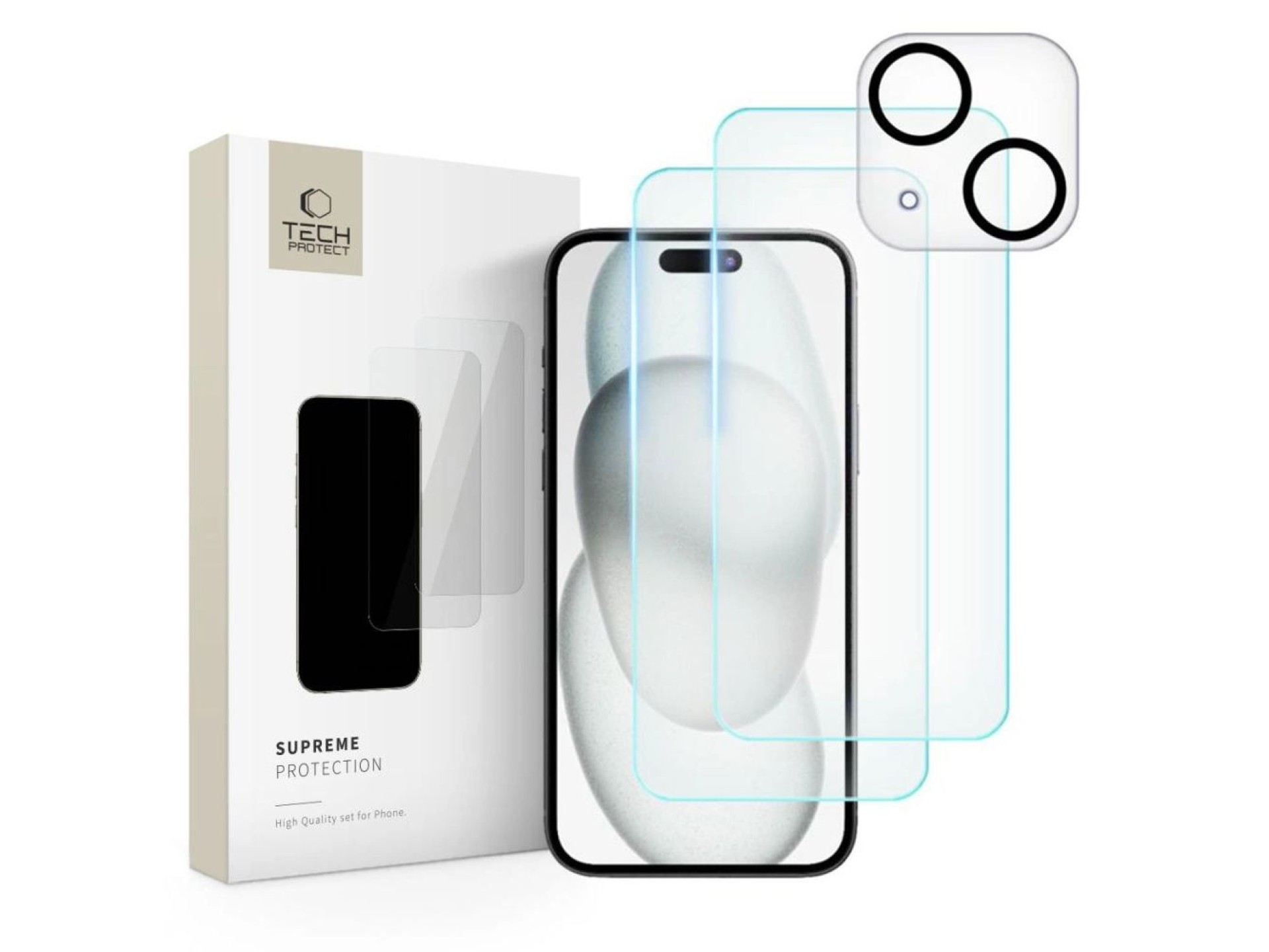 Kit Tech-Protect Supreme para iPhone 15: 2 protectores de pantalla de vidrio templado / protector de