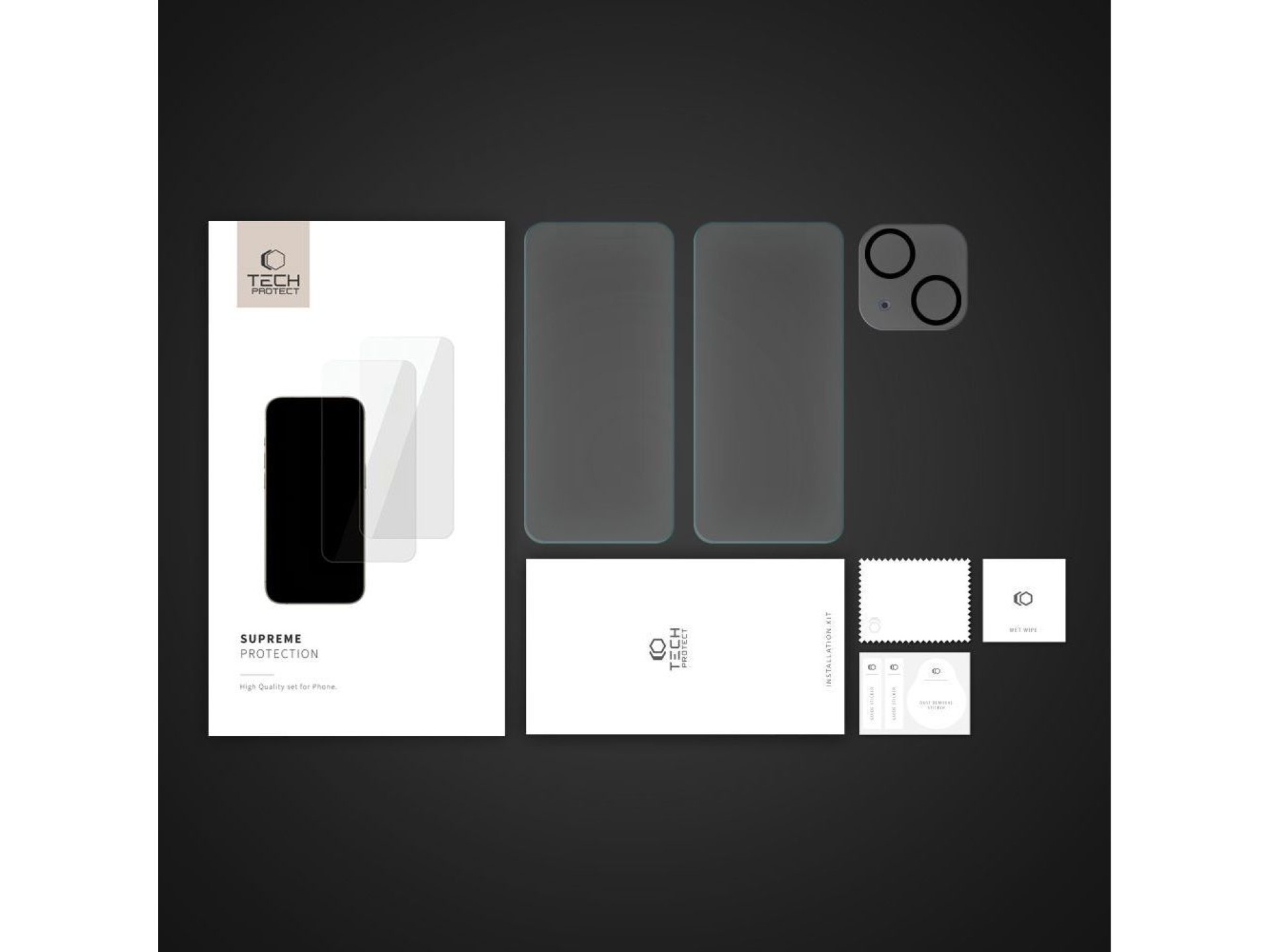 Kit Tech-Protect Supreme para iPhone 15: 2 protectores de pantalla de vidrio templado / protector de