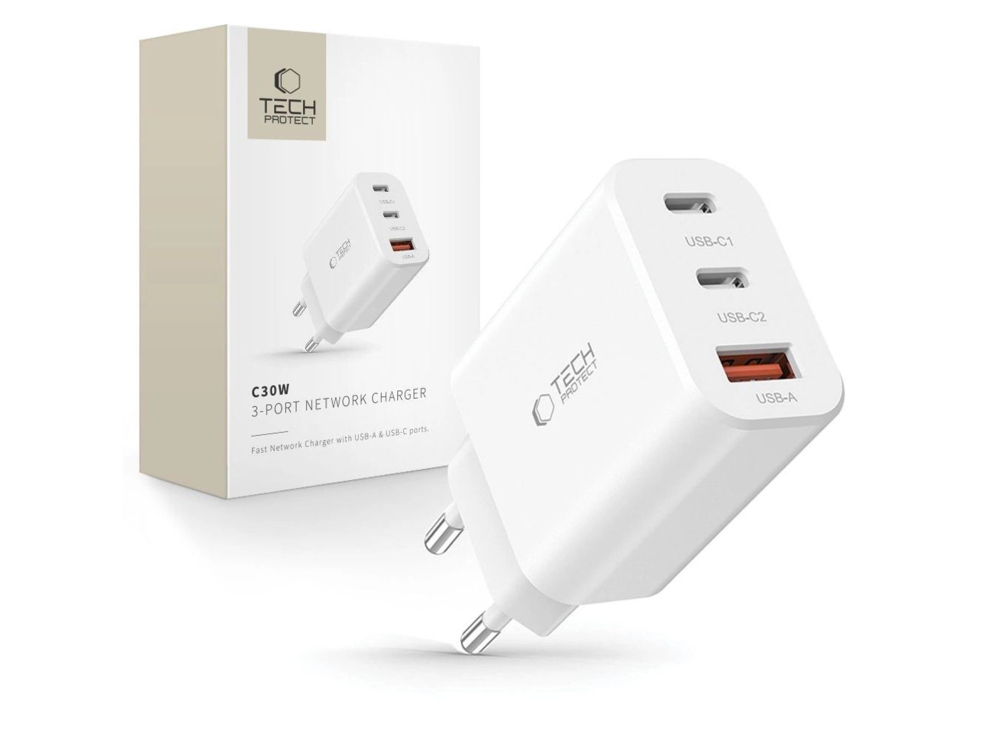 Tech-Protect NC30W charger 2x USB-C PD 30W / USB-A QC 3.0 - white