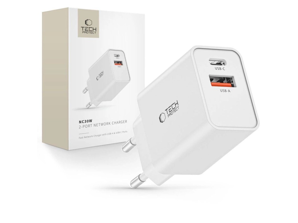 Tech-Protect NC30W USB-C PD 30W / USB-A QC 3.0 charger - white