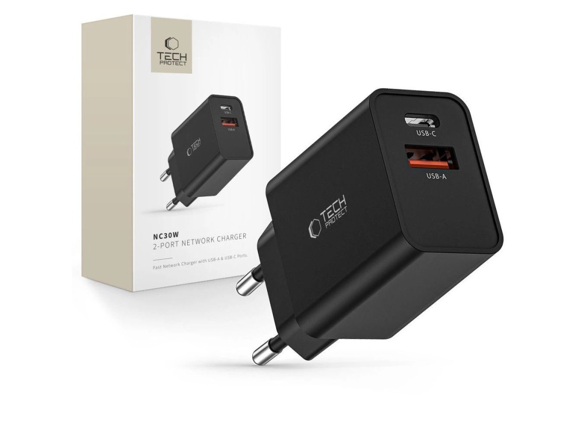 Carregador Tech-Protect NC30W USB-C PD 30W / USB-A QC 3.0 - Preto