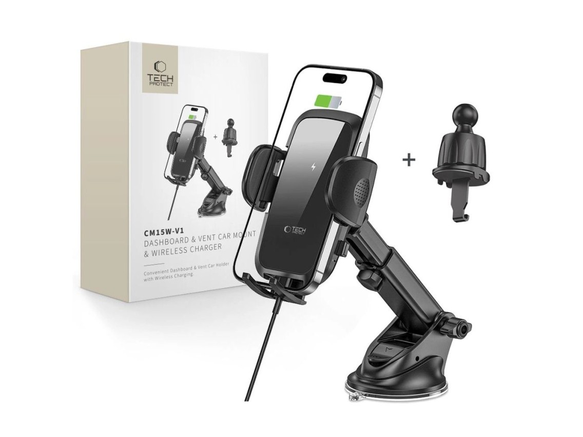 Tech-Protect CM15W-V1 Car Phone Holder with 15W Inductive Charger for Cockpit/Air Vent - Black