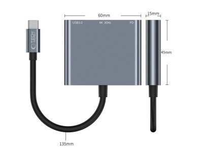 HUB Tech-Protect V1 3in1 USB-C - USB-A 3.0 / USB-C PD 100W / HDMI 4K 30Hz - gray