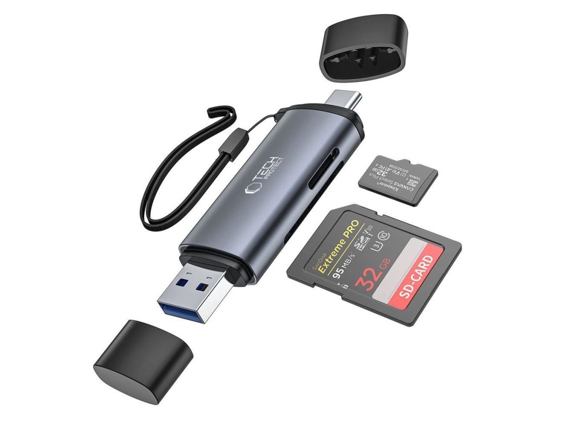 Leitor de cartão SD/micro SD Tech-Protect UltraBoost com conectores USB-C/USB-A - cinza
