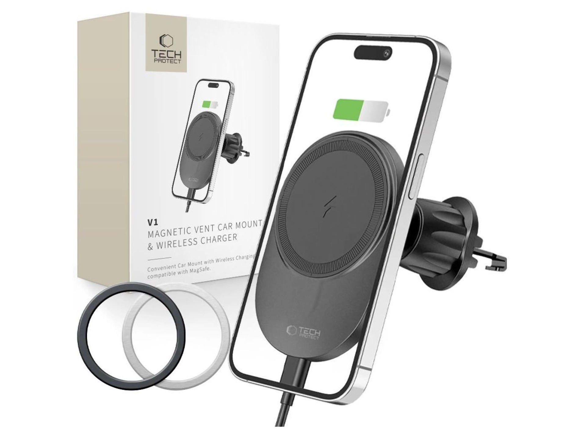 Tech-Protect MM15W-V1 Car Phone Holder with MagSafe 15W Inductive Charger for Air Vent - Black