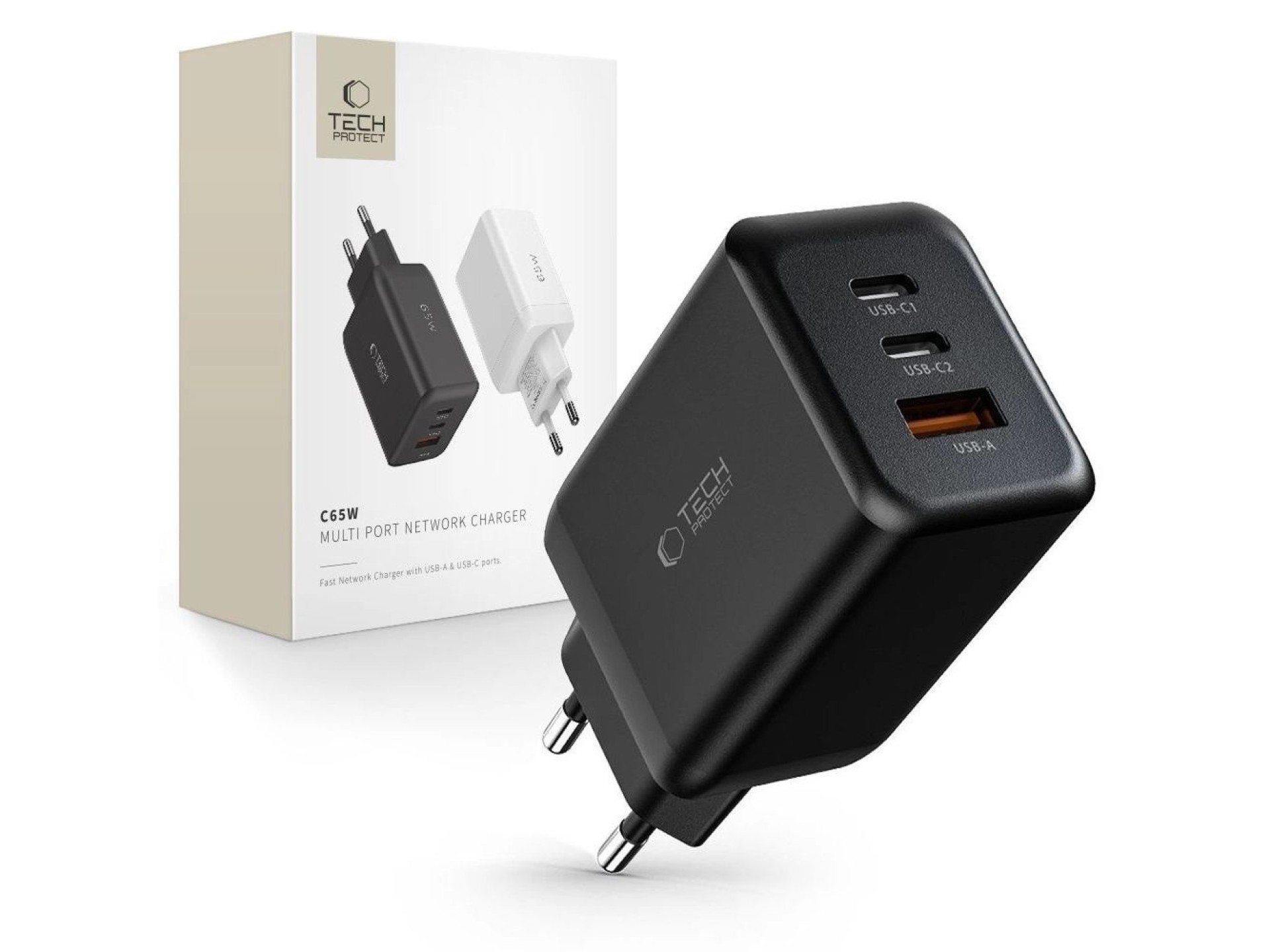 Cargador Tech-Protect C65W 2x USB-C PD 65W / USB-A QC 3.0 - negro