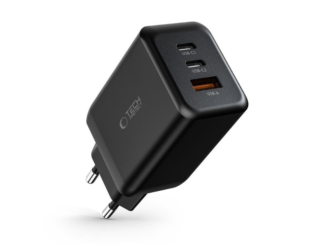 Cargador Tech-Protect C65W 2x USB-C PD 65W / USB-A QC 3.0 - negro