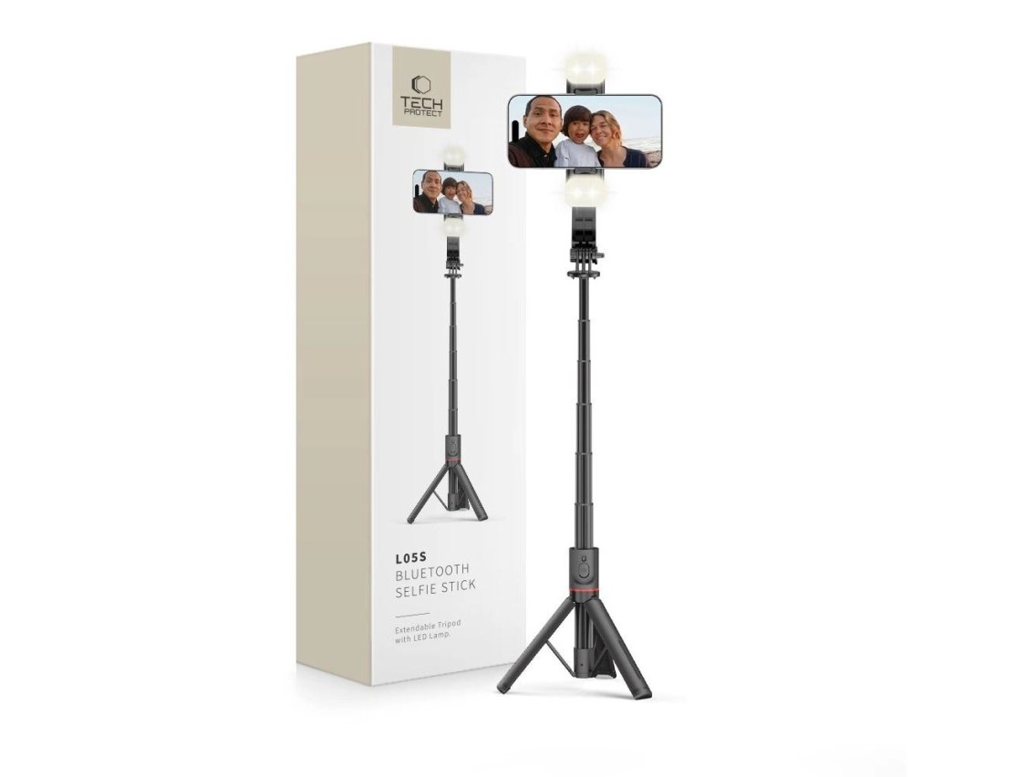 Palo selfie Bluetooth Tech-Protect L05S con trípode de hasta 105 cm con luz LED - Negro