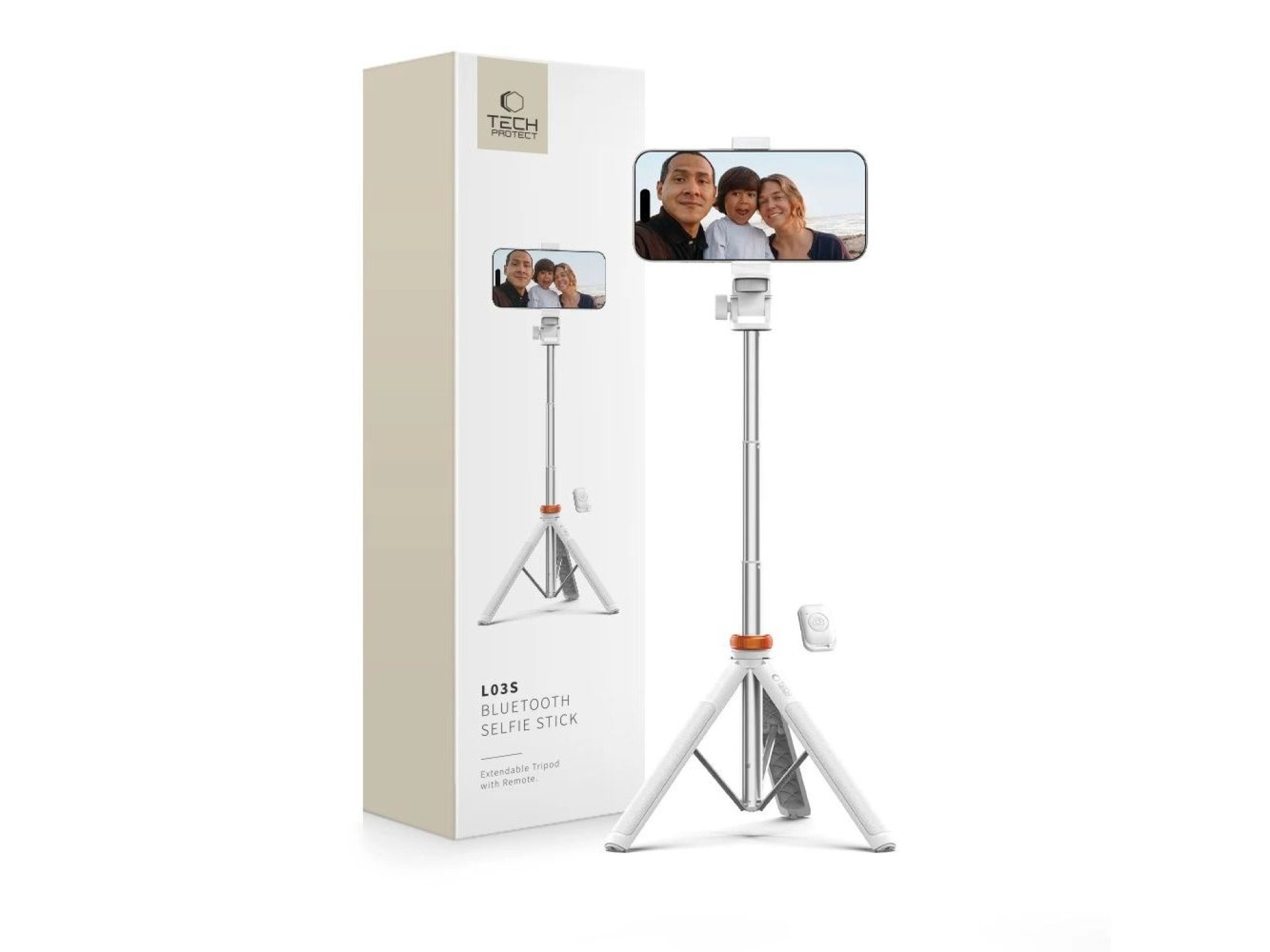 Bastão de selfie Tech-Protect L03S Bluetooth com controle remoto, tripé de até 148 cm e cabeça de 18