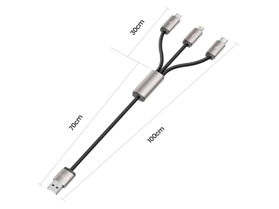 Cable Tech-Protect UltraBoost 3 en 1 USB-A - Lightning / USB-C / micro USB 3.5A 1m - gris