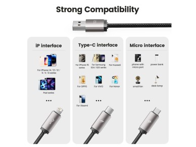 Cabo Tech-Protect UltraBoost 3 em 1 USB-A - Lightning / USB-C / micro USB 3.5A de 1 m - cinza