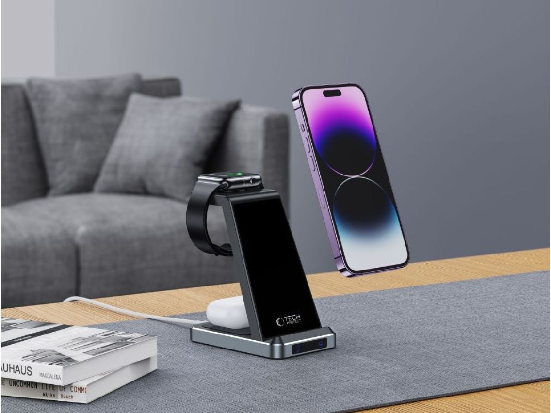 Carregador indutivo Tech-Protect QI15W-A26 15W 3 em 1 para smartphone / fones de ouvido / Apple Watc