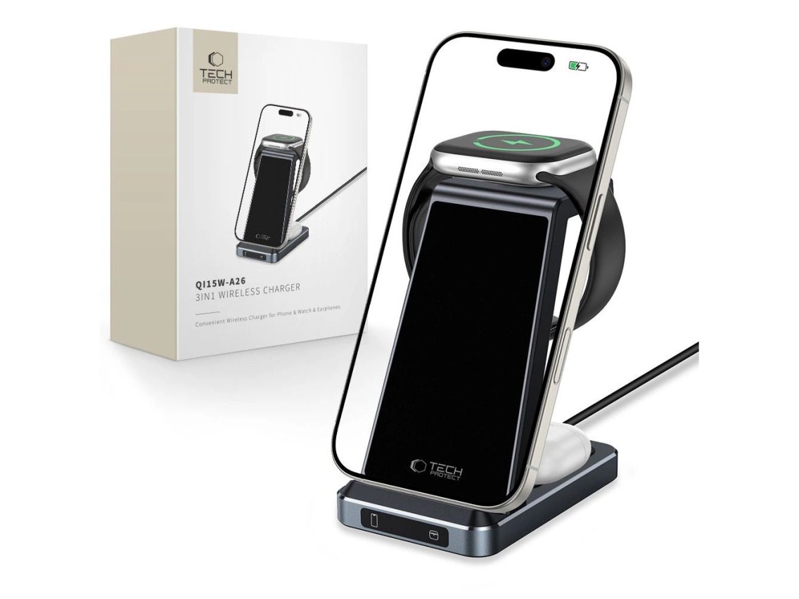 Carregador indutivo Tech-Protect QI15W-A26 15W 3 em 1 para smartphone / fones de ouvido / Apple Watc