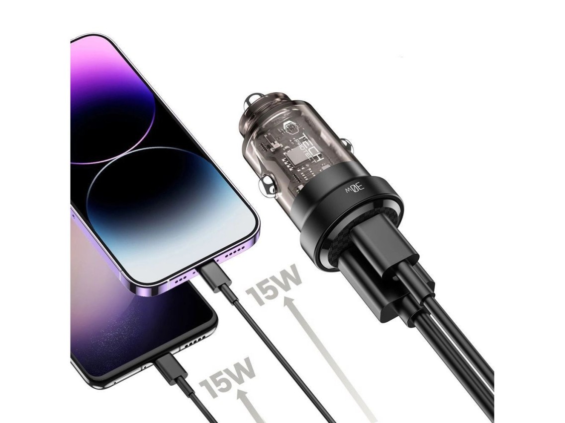 Cargador de coche Tech-Protect CC30W USB-C PD 30W / USB-A QC 3.0 - Negro