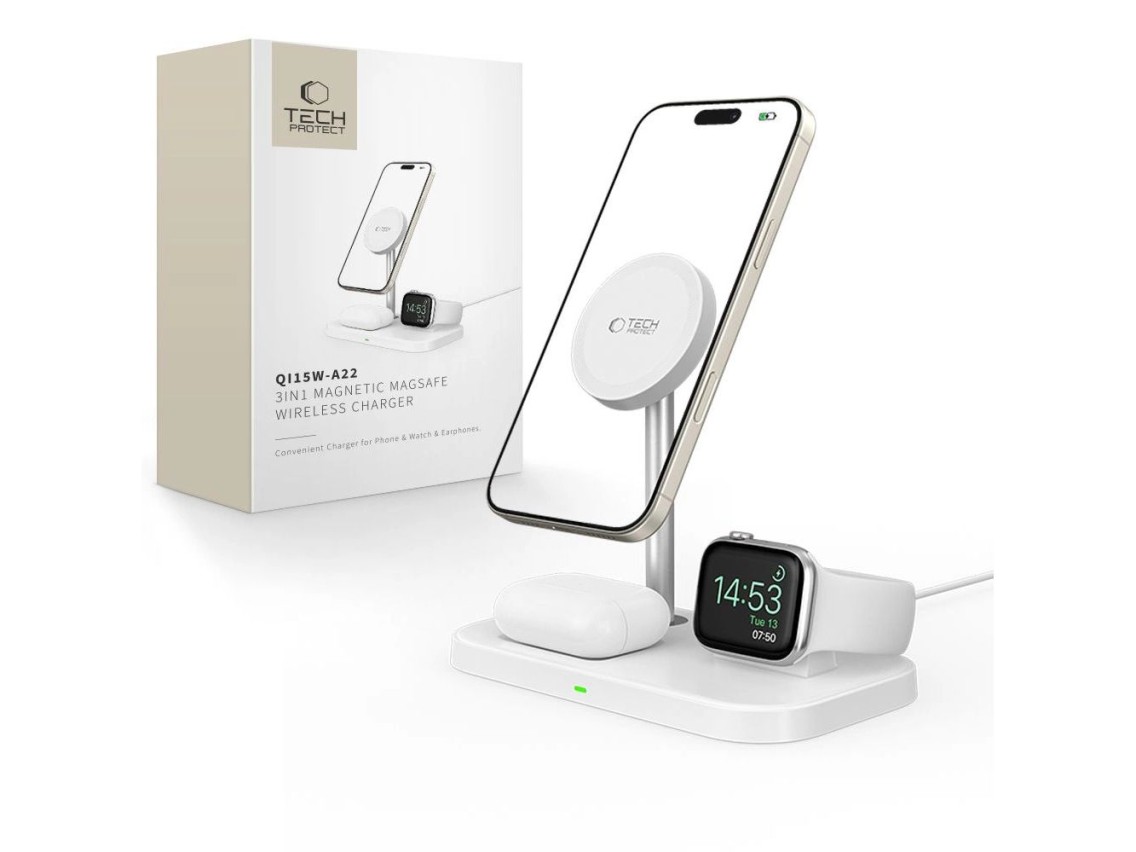 Carregador indutivo Tech-Protect QI15W-A22 MagSafe com suporte MagSafe 3 em 1 para smartphone / Appl