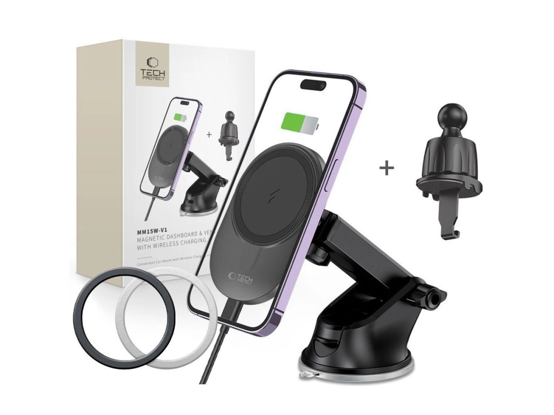 Tech-Protect MM15W-V1 Car Phone Holder with MagSafe 15W Wireless Charger for Cockpit/Air Vent - Blac