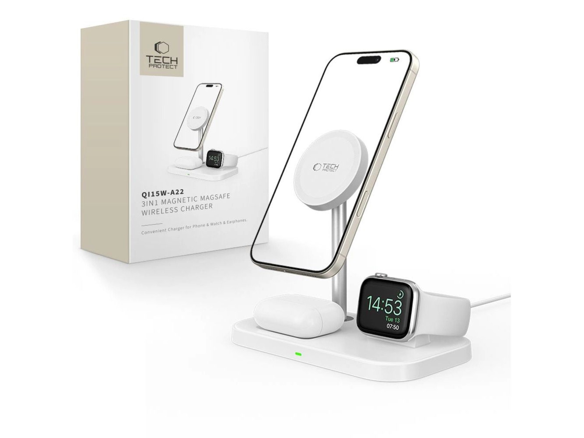 Carregador indutivo Tech-Protect QI15W-A22 MagSafe com suporte MagSafe 3 em 1 para smartphone / Appl