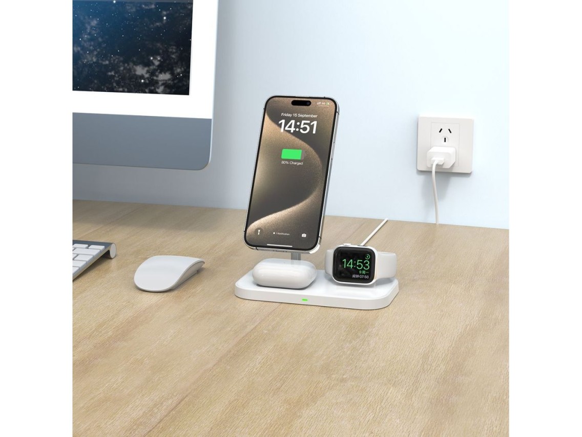 Carregador indutivo Tech-Protect QI15W-A22 MagSafe com suporte MagSafe 3 em 1 para smartphone / Appl