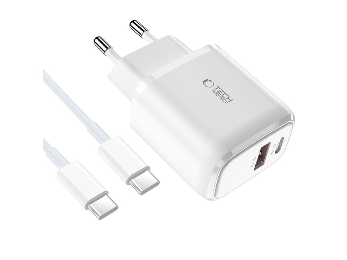 Tech-Protect C20W USB-C PD 20W / USB-A QC 3.0 charger with USB-C / USB-C cable - white