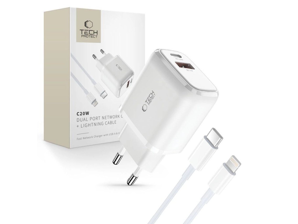 Carregador Tech-Protect C20W USB-C PD 20W / USB-A QC 3.0 com cabo USB-C / Lightning - Branco
