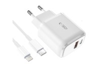 Carregador Tech-Protect C20W USB-C PD 20W / USB-A QC 3.0 com cabo USB-C / Lightning - Branco Carregador Tech-Protect C20W USB-C PD 20W / USB-A QC 3.0 com cabo USB-C / Lightning - Branco