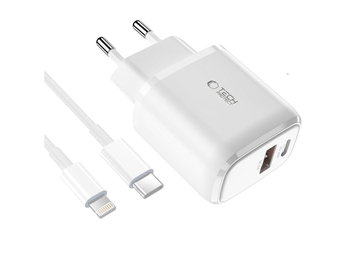 Carregador Tech-Protect C20W USB-C PD 20W / USB-A QC 3.0 com cabo USB-C / Lightning - Branco