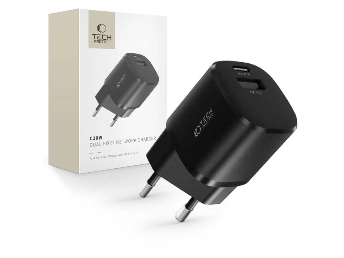 Carregador Tech-Protect C20W mini USB-C PD 20W / USB-A QC 3.0 - preto