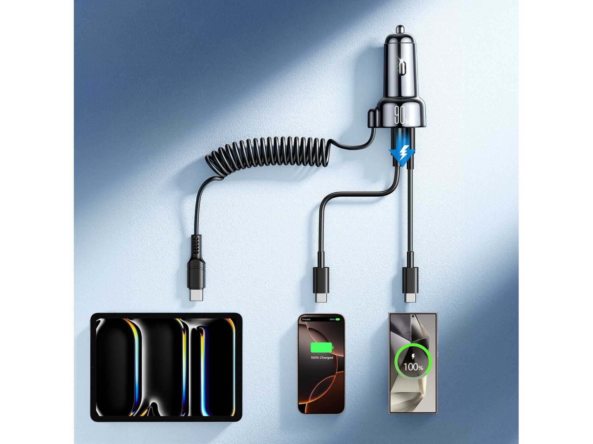 Carregador veicular 3 em 1 Joyroom JR-CL07 de 72 W com cabo USB-C de 1,6 m – Preto
