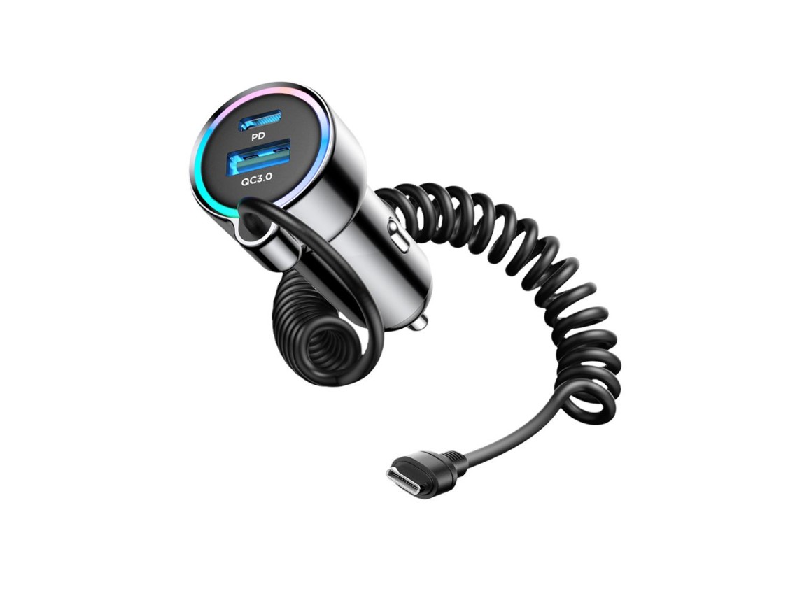 Carregador veicular 3 em 1 Joyroom JR-CL07 de 72 W com cabo USB-C de 1,6 m – Preto