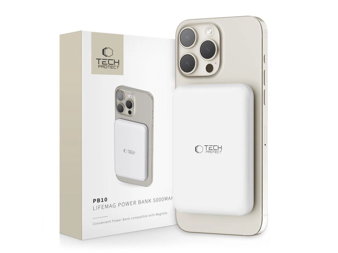 Batería externa Tech-Protect LifeMag PB10 con MagSafe, 5000 mAh, 15 W, puerto USB-C - color blanco +